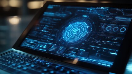 Futuristic laptop displaying digital data and holographic interface.