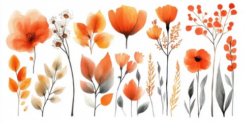 Watercolor assortment of orange and red flowers and leaves
