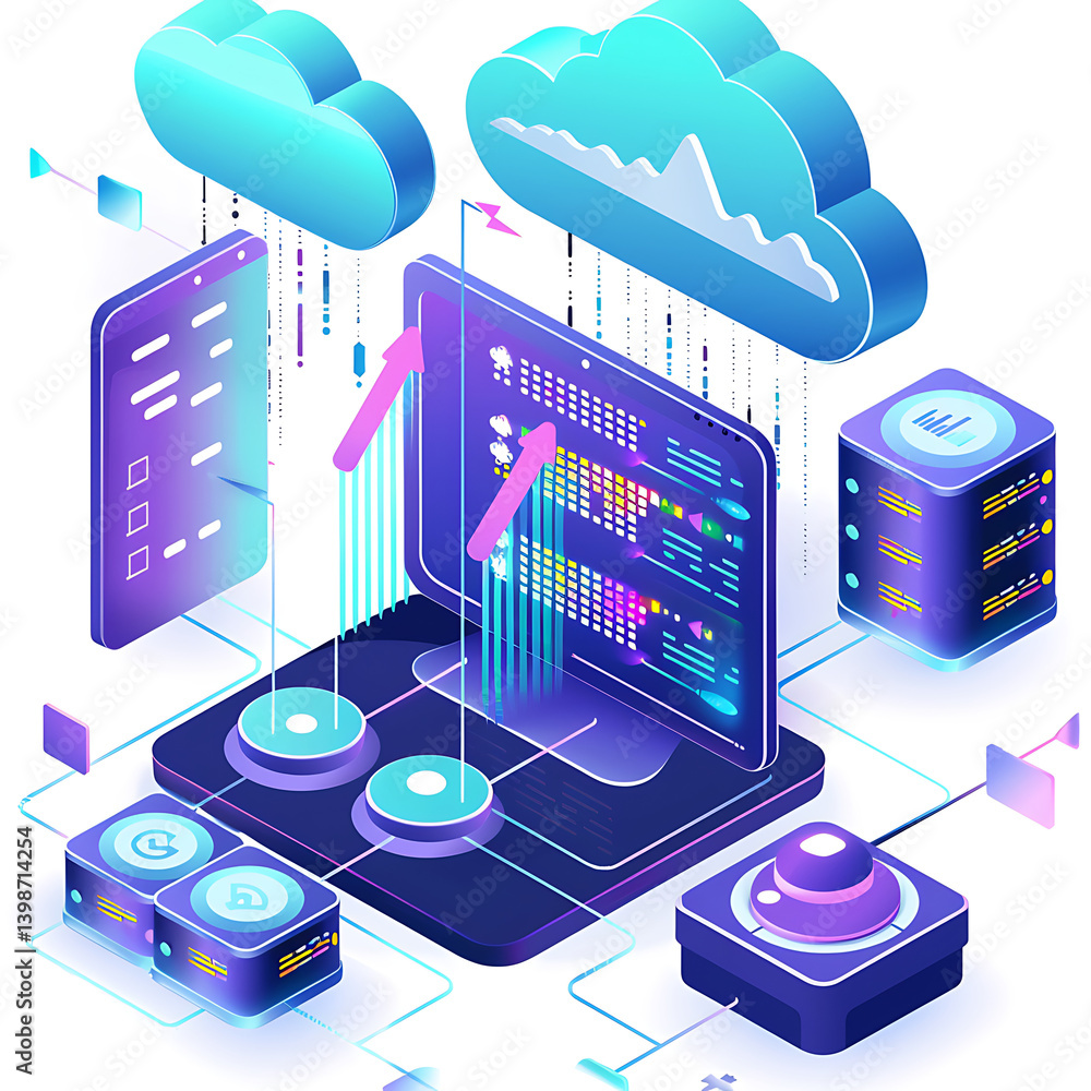 Poster isometric illustration representing cloud computing technology, showing servers, databases, laptop, 
