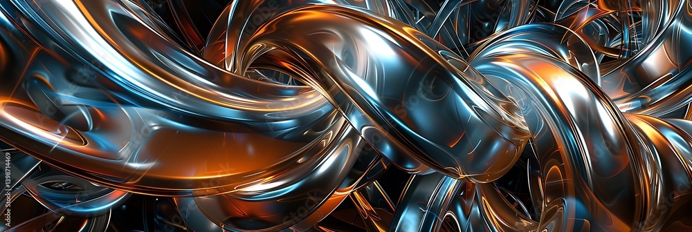 Poster abstract background of intertwined, twisting metallic tubes reflecting blue and orange light. futuri