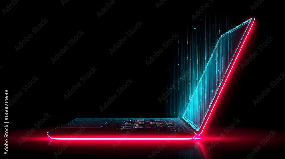 Poster neon laptop data stream - futuristic laptop glowing with neon light, data streams emanating from scr