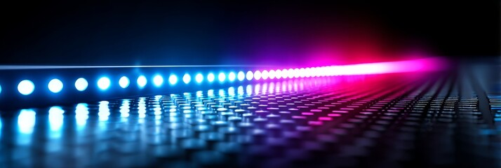 Neon Lights Reflecting on Grid Surface - Abstract of vibrant blue and pink neon lights reflecting on a dark gridded surface. Modern, futuristic feel