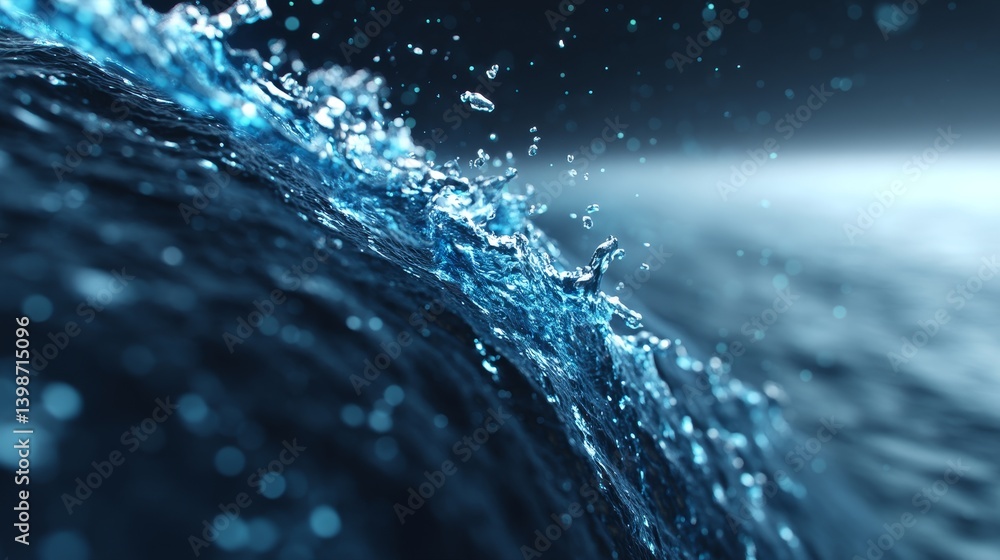 Poster ocean wave splash closeup - close-up view of a blue ocean wave splashing, showing water droplets and