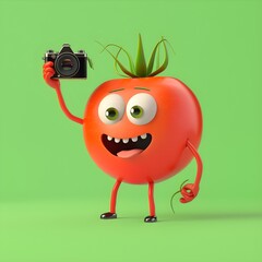 Tomato character holding a camera taking a selfie, bright green background