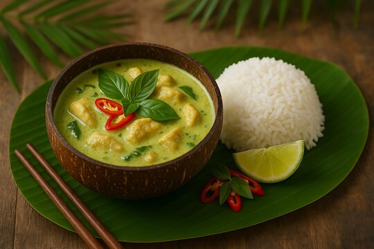 Curry tailand&ecirc;s verde servido com arroz de jasmim em ambiente tropical