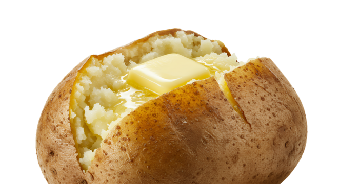 Baked potato with butter and fluffy texture ideal for comfort food