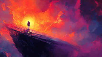 Person Standing on a Cliff at Sunset, Gazing Toward a Vibrant Sky Filled With Orange, Pink, and Purple Clouds