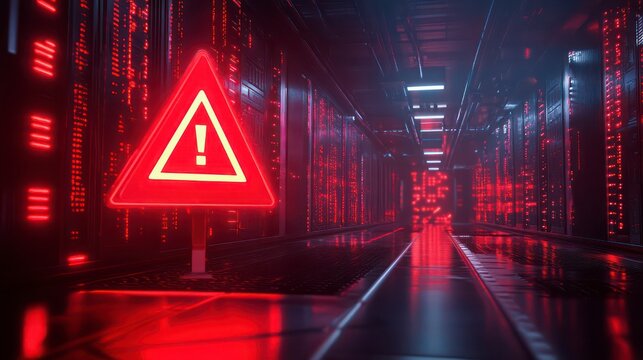 Cybersecurity Alert in Futuristic Data Center – Server Room with Red Warning Sign