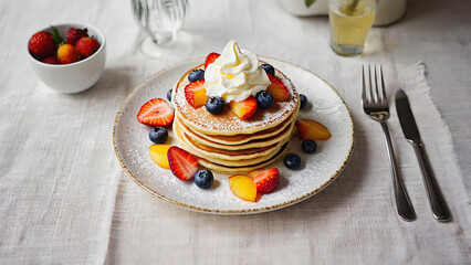 Delicious pancakes with fruits and whipped cream