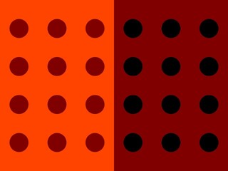 A split abstract background . One side shows dark-red circles on an orange background, the other shows black circles on a dark-red background.  Both sides have a grid-like arrangement.