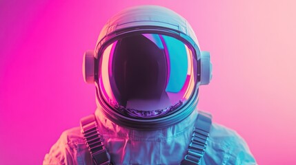 Close-up of astronaut helmet in vibrant pink and blue light.