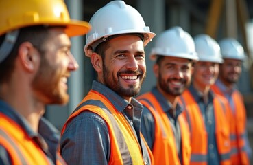 Group smiling engineers professionals wearing hard hats helmets. Construction site team teamwork. Men construction workers smiling happy. People in uniform work together. Success, project, plan,