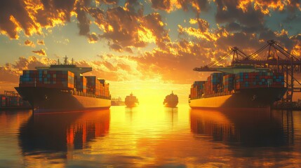 Massive Cargo Ships in Shipping Port at Sunset – Global Trade and Logistics Concept

