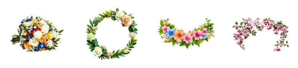 Floral wreaths display botanical garden collection bright aesthetic. Cut out png set