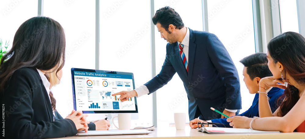 Poster computer software for website traffic analytics data on computer screen. concept of seo search engin