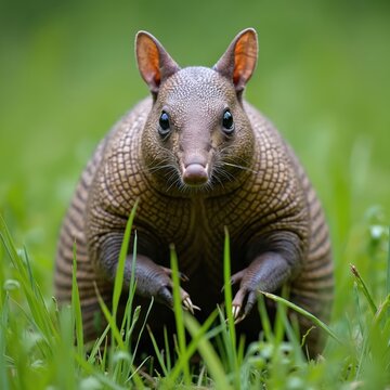 Wild nine-banded armadillo sits in grass curiously looking at camera. Medium-sized mammal with banded armoring, long nose. Terrestrial, insectivore animal from America, in natural habitat.