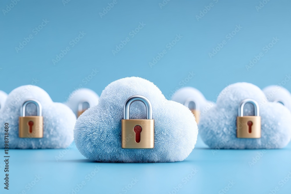 Poster secure cloud data protection - fluffy cloud icons with padlocks illustrate secure cloud data storage