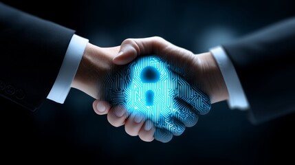 Secure Business Partnership - Two hands shake, symbolizing a secure business deal. lock enhances the security aspect