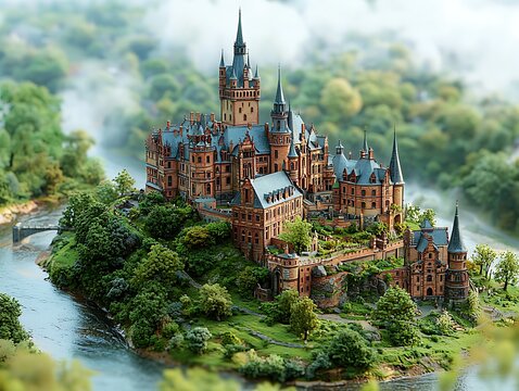 Tilt-shift photograph of a historic castle nestled on a hill with a river winding - Powered by Adobe