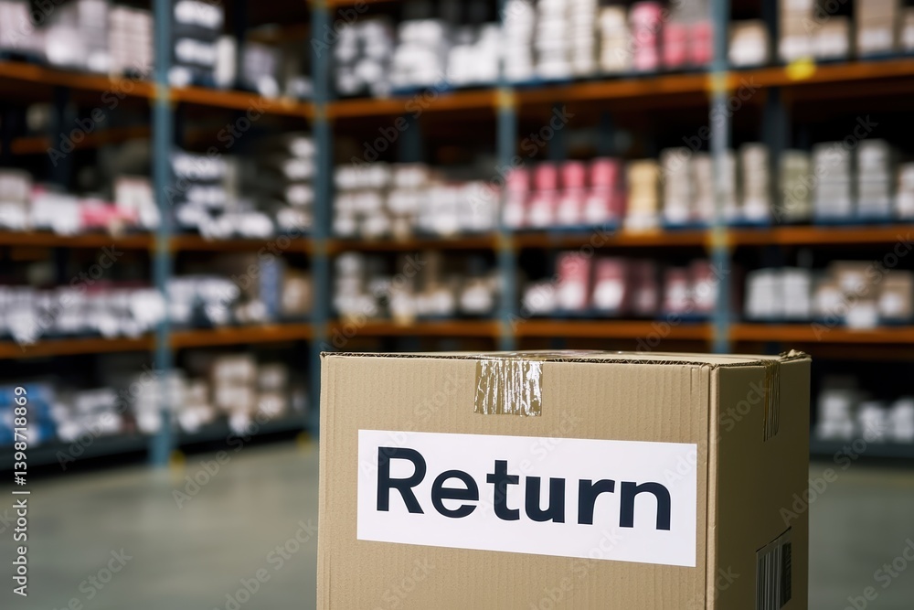 Poster cardboard box labeled return in a warehouse ready for processing on a busy day
