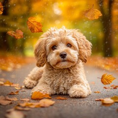 In the fall, a wet and homeless dog is photographed outdoors, lying on a path in a forest covered with autumn leaves, with room for copy