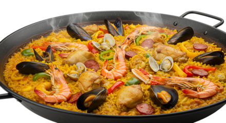 Colorful seafood paella featuring shrimp mussels and vegetables in a large skillet