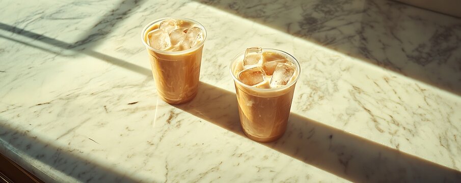 Two refreshing iced coffee cups on a marble countertop, with sunlight streaming in, ideal for a summer day refreshment. - Powered by Adobe