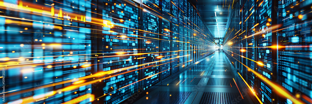 Poster perspective view through a futuristic data center corridor lined with glowing blue server racks and 