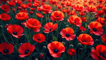 Fototapeta premium Bold crimson poppies in a dense, repeating geometric design , textile, bold