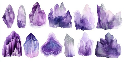 Variety of vibrant amethyst crystals and gemstones in watercolor art