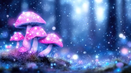 Magical glowing mushrooms in a mystical forest