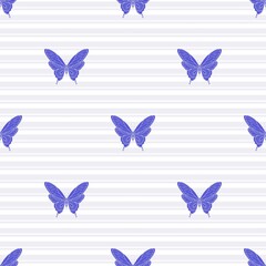 Seamless pattern with hand drawn minimalistic purple butterflies and light purple stripes on white. Perfect for textiles, fabric, wallpaper, stationery, packaging, web backgrounds, wrapping, bedding
