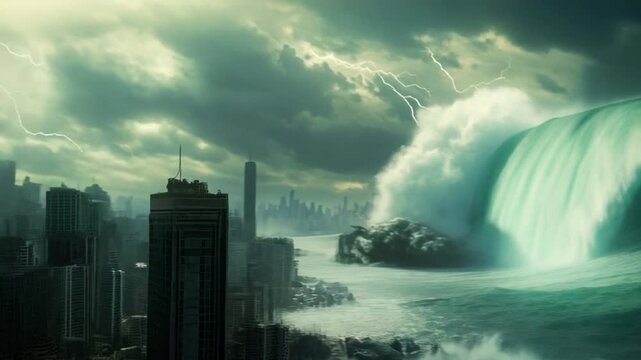 Tsunami Waves Engulfing Futuristic City in 4K Ultra HD
