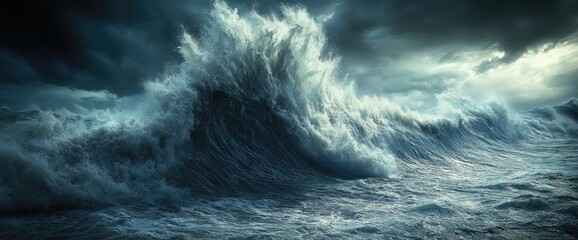 A powerful ocean wave rises against a stormy, cloudy sky, showcasing nature's raw force