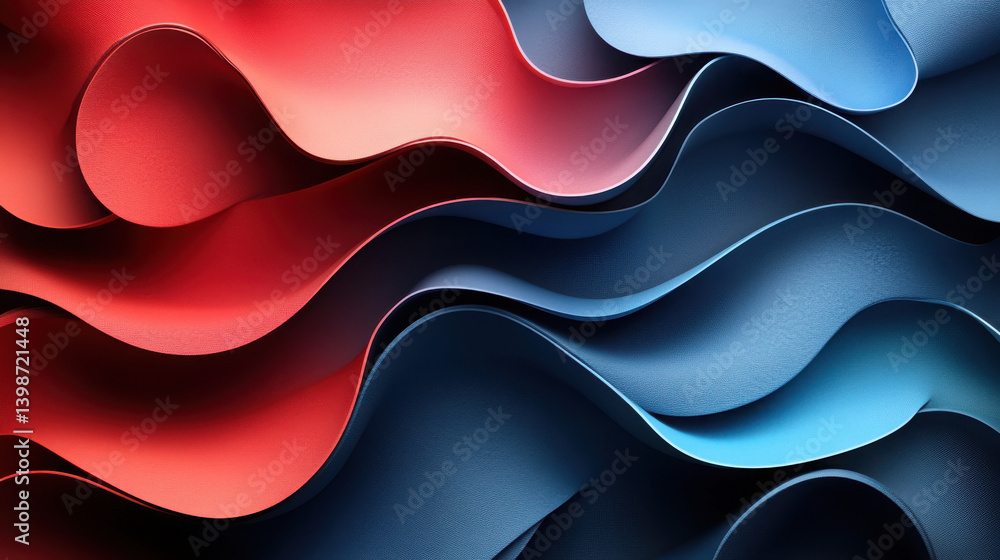 Poster 3d render of abstract wavy shapes in red and blue colors.