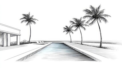 Tropical Poolside Paradise - Sketch of a tranquil poolside scene with palm trees, a modern house, and lounge chairs. Perfect for travel, vacation, or luxury real estate