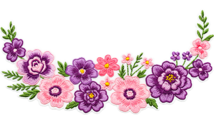 A floral arrangement with pink and purple flowers and green leaves on a white background