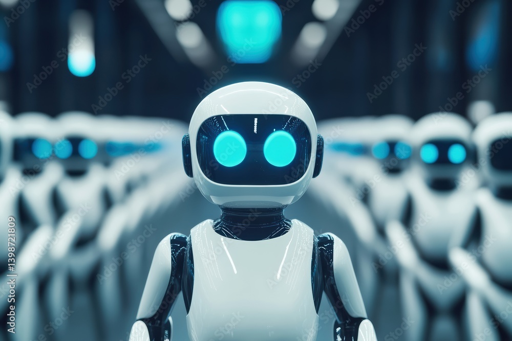 Poster robots representing advanced chatbots in a futuristic business automation environment
