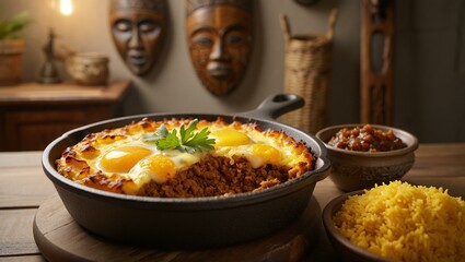 Delicious baked dish with eggs served with rice and sauce on rustic table