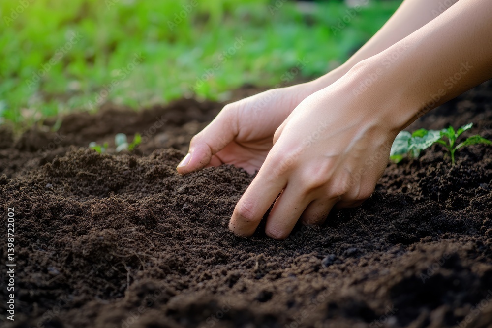 Poster close-up of hands evaluating soil moisture levels in a garden environment