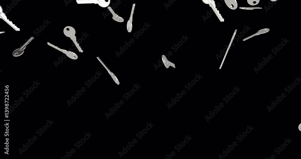 Poster silver keys falling down. 3d animation on transparent background