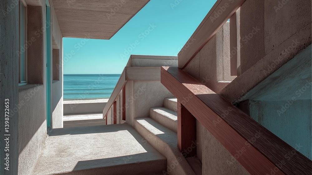 Poster modernist concrete structure with geometric shadows overlooking a calm ocean under clear blue sky