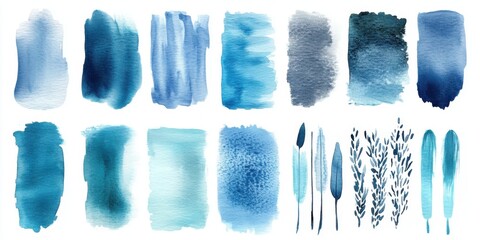 Variety of blue watercolor brush strokes and abstract shapes with botanical elements