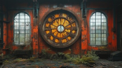 Obraz premium Abandoned Clock in Rusty Interior with Arched Windows and Overgrown Plants Vintage Decay Time
