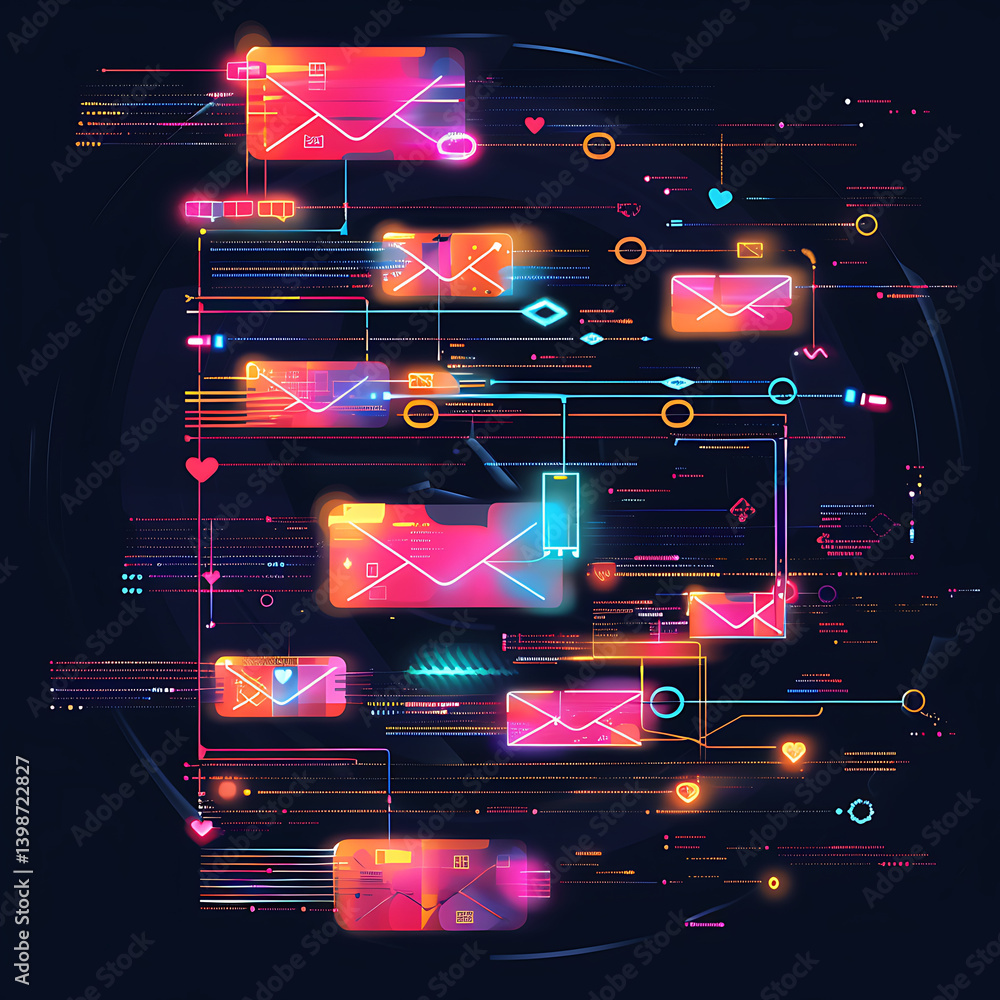 Poster abstract digital communication concept with glowing neon email envelopes connected by data lines and