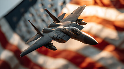 Military fighter jet on runway with American flag background front view patriotic powerful aircraft warplane USA air force aviation strength defense technology