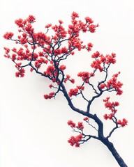 Fototapeta premium Minimalist realistic blooming crabapple tree, vibrant red flowers, side view on light beige background.