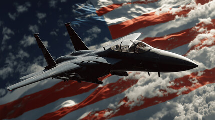 Military fighter jet on runway with American flag background front view patriotic powerful aircraft warplane USA air force aviation strength defense technology