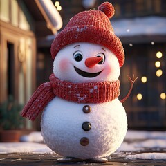 A cheerful snowman with a red hat and scarf, perfect for winter-themed designs and holiday greetings. 3D render.