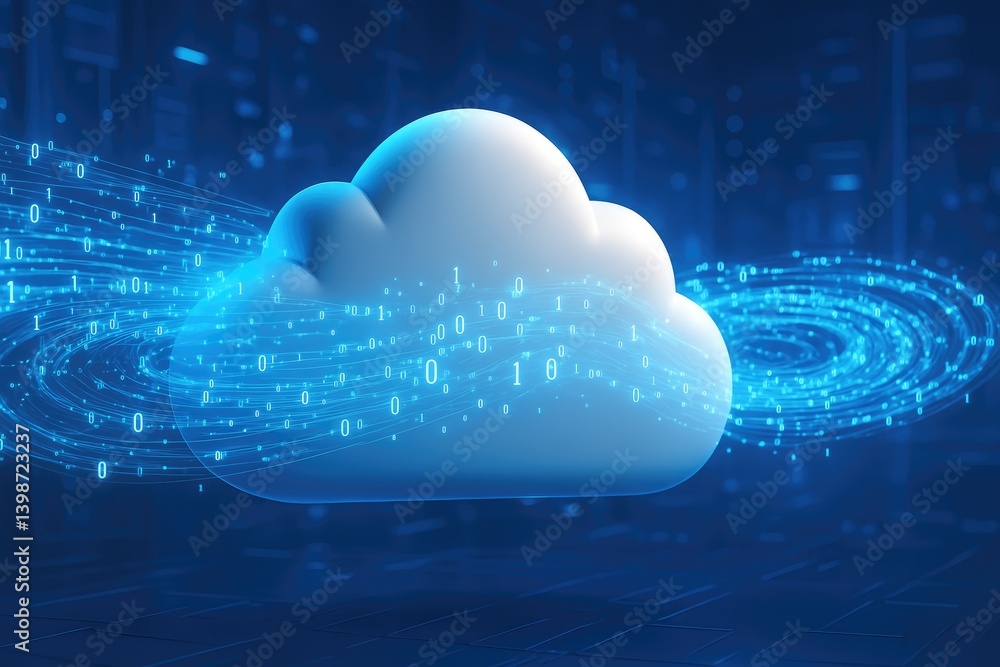 Aufkleber Futuristic cloud symbol surrounded by swirling binary data streams in a glowing blue digital environment. Ideal for cloud computing, data storage, and tech innovation themes